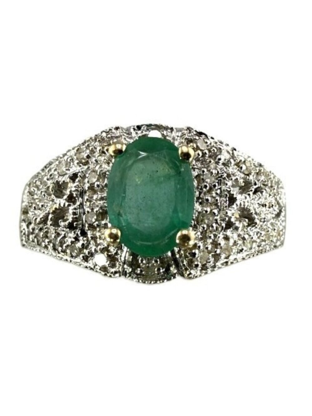 12K Gold Lab-Created Emerald Ring with Diamond Accents - Size 7